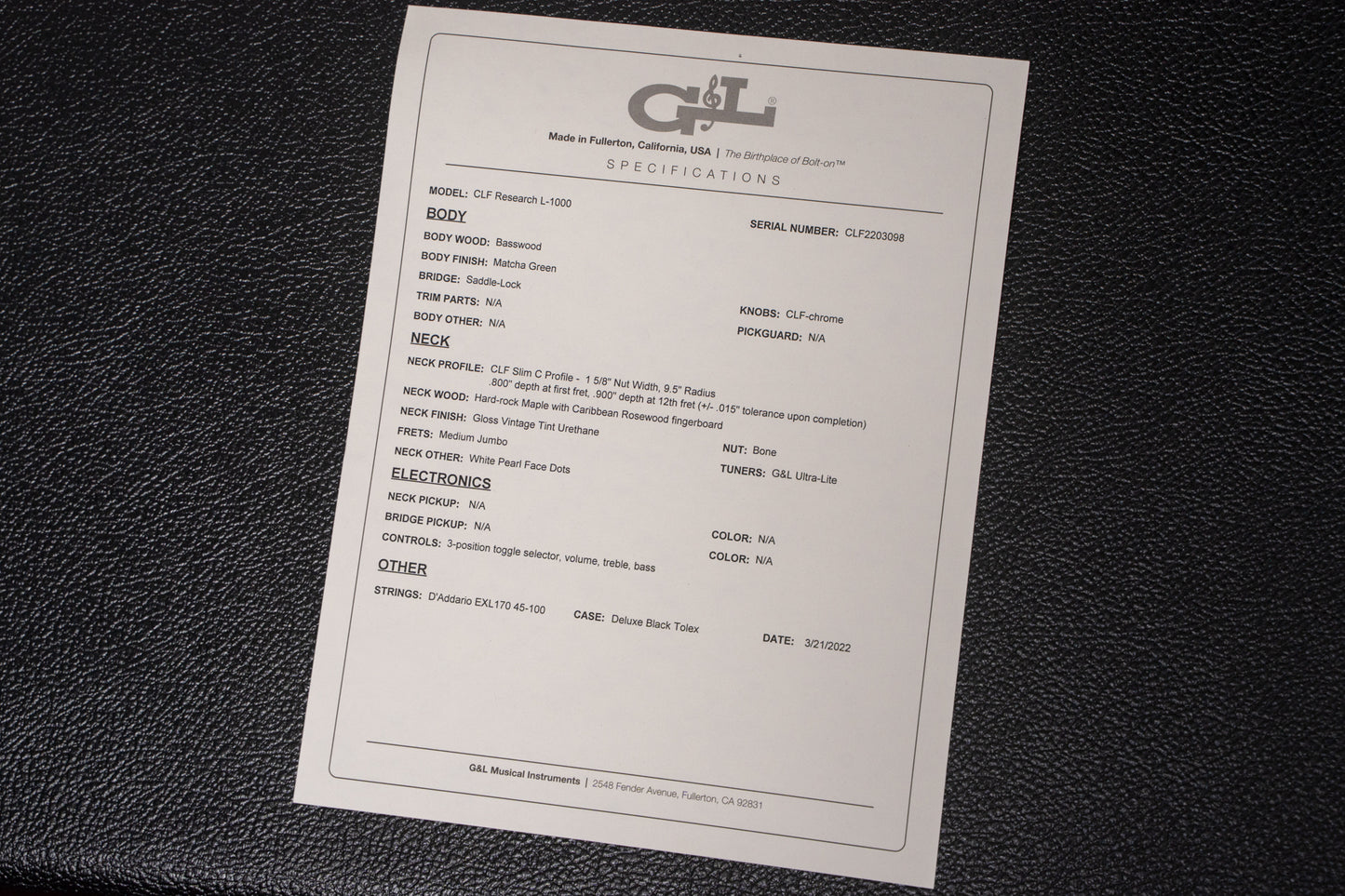 【outlet】G&L / L1000 CLF Matcha Green 3.975kg #CLF220398【GIB Yokohama】