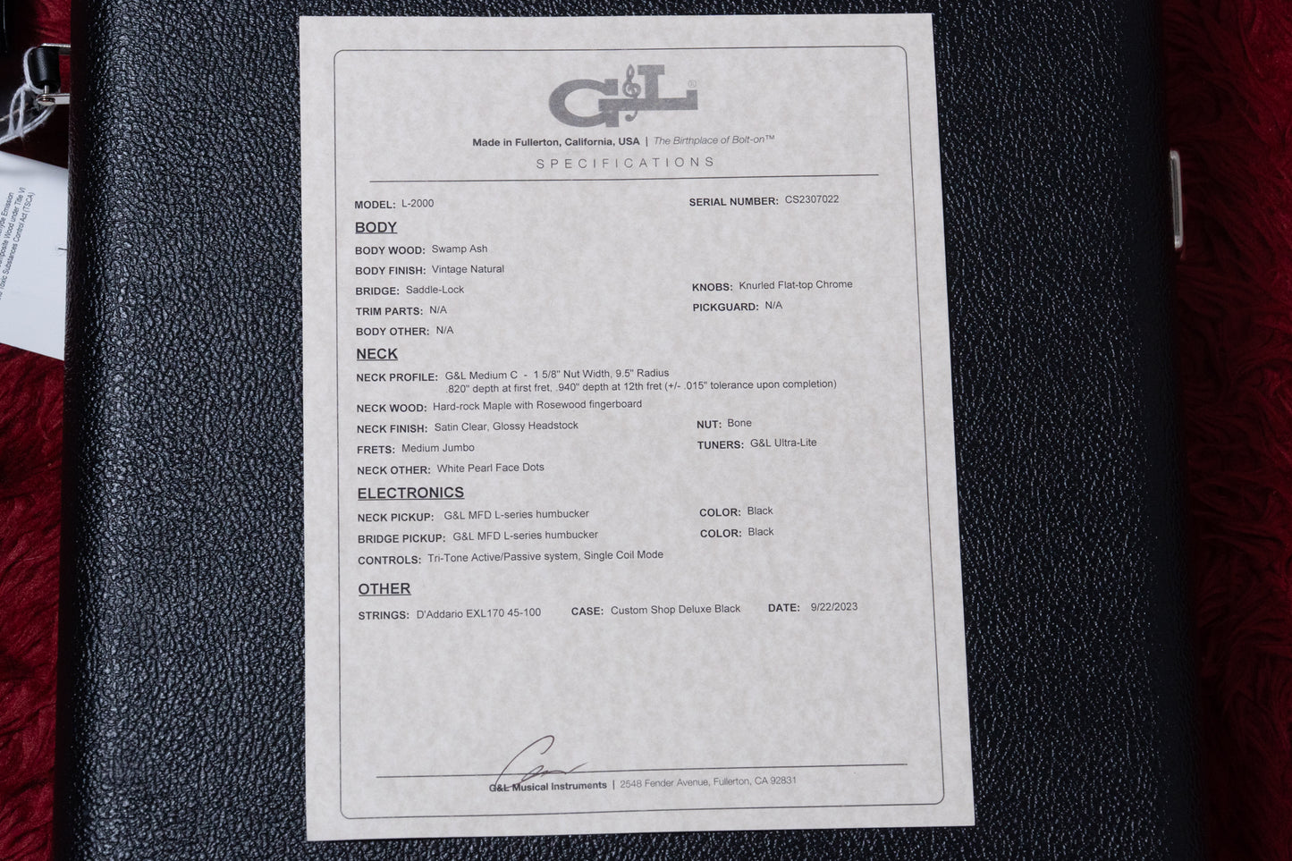 【outlet】G&L / Custom Shop L-2000 Vintage Natural RW 4.155kg #CS2307022【GIB Yokohama】
