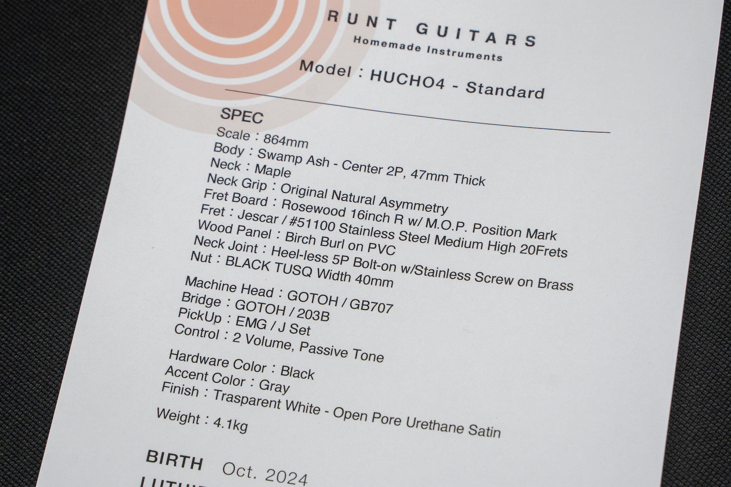 【outlet】RUNT GUITARS / Hucho4 Standard 4.170kg【GIB Yokohama】