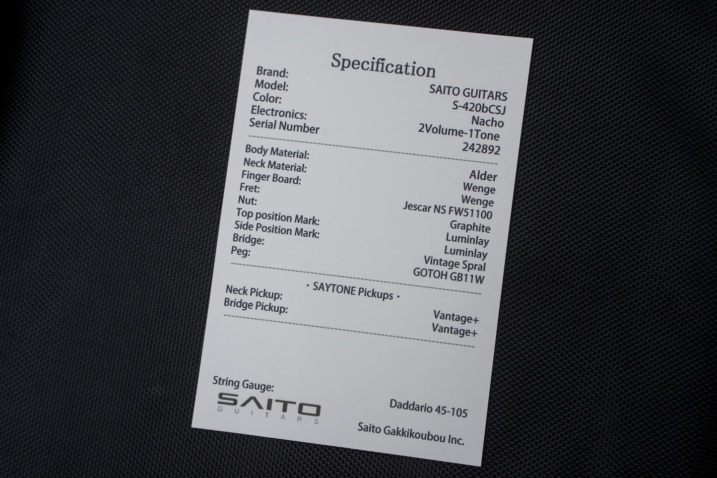 【new】SAITO Guitars / S-420BCSJ  ALD WENGE NACHO 3.960kg #242892【GIB Yokohama】